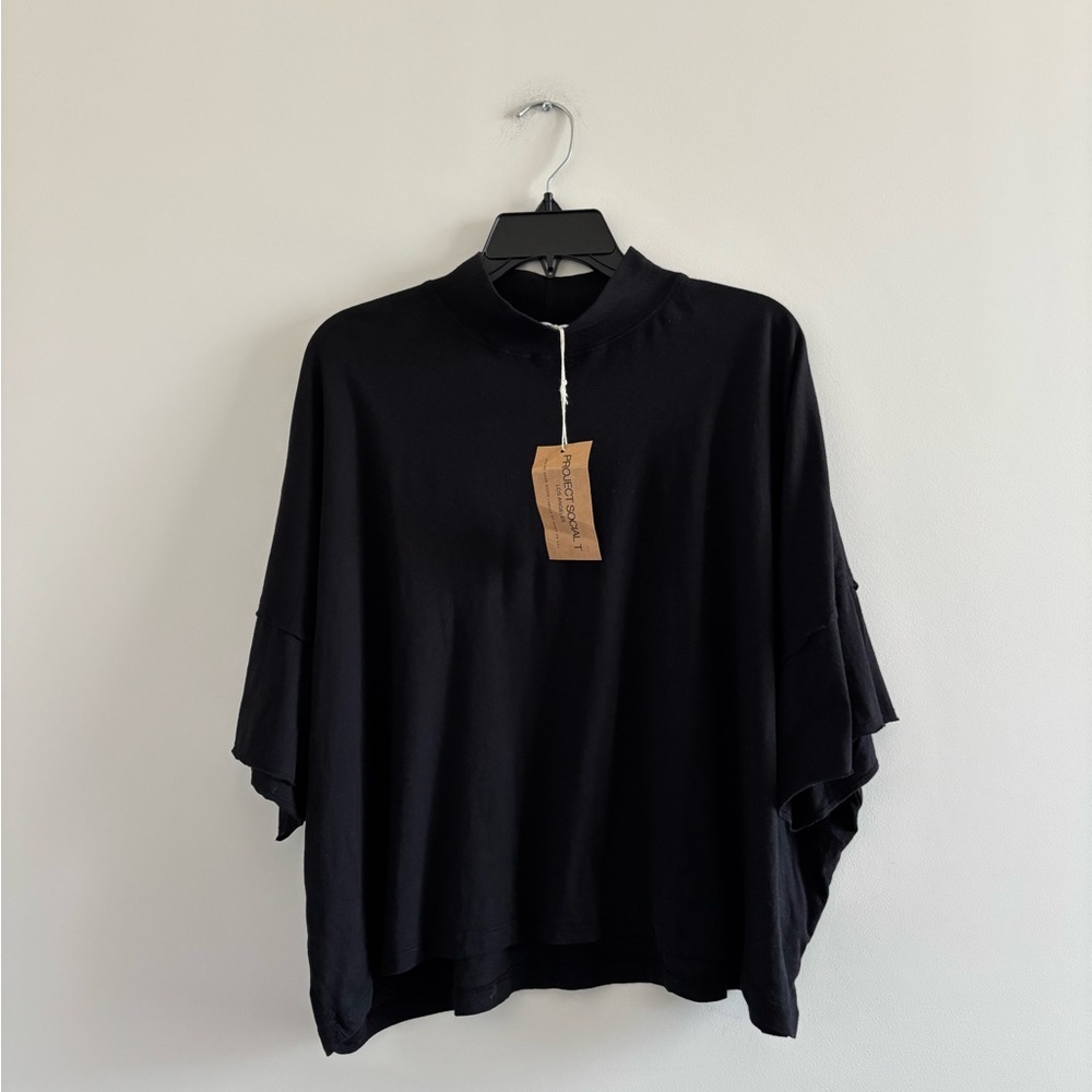Project Social T Black Mock Neck Flutter Sleeve Top